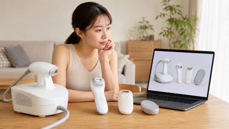 種類の異なる家庭用脱毛器とムダ毛処理用品を比較する女性