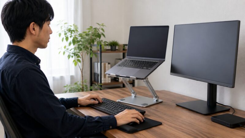 長時間作業でスタンドと外付けキーボードを使用する日本人利用者