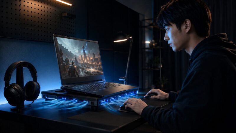 ゲーミングノートPCを大型冷却台で冷やしながら使う男性