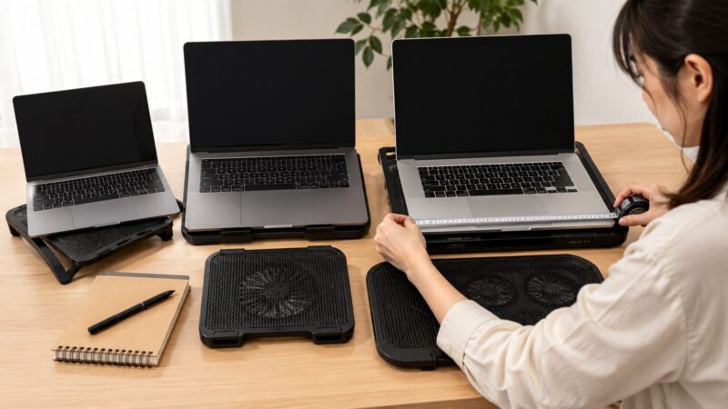 ノートPCのサイズに合わせて冷却台を選ぶ様子