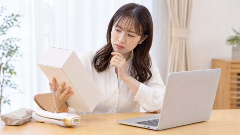 聞き慣れない家庭用脱毛器ブランドの販売元を確認する日本人女性