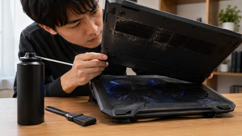 ノートPC冷却台使用時に吸気口のほこりを確認する様子