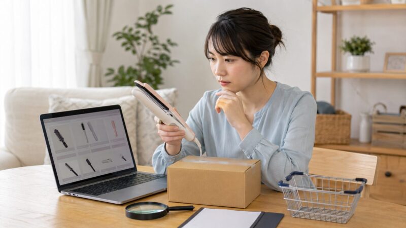 楽天の美容家電ショップで保証や返品条件を確認する日本人女性