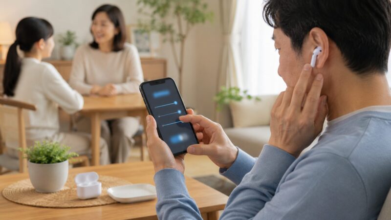 AirPodsの音量や左右バランスをスマートフォンで調整するイメージ