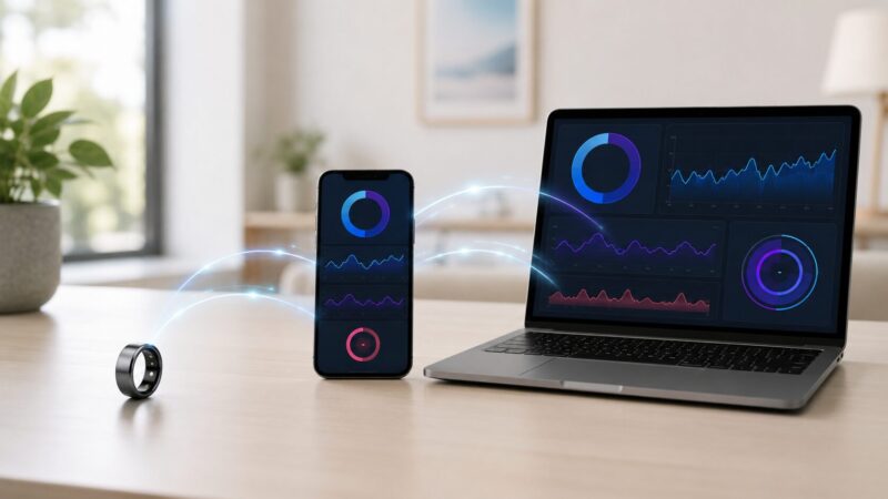 スマートリングとスマートフォン、パソコンを連携して健康データを管理する様子