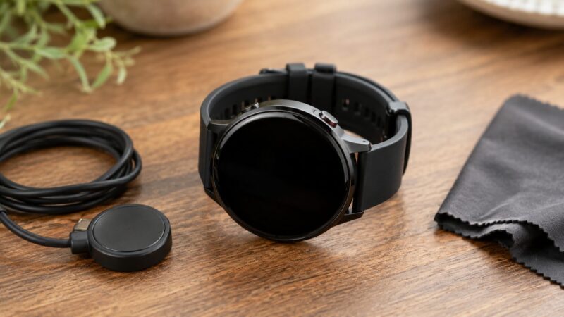 耐久性を確認するためテーブルに置かれた丸型スマートウォッチ