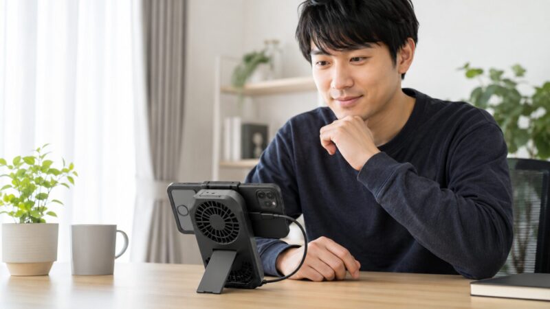 スタンド付きスマホクーラーを卓上で安定して使うイメージ