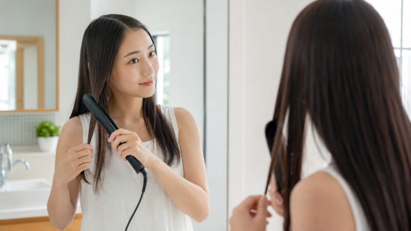 ストレートアイロンで髪を整える日本人女性と安心感のある使用風景