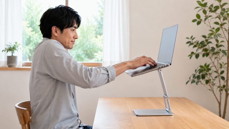 高いスタンドで肩と手首に負担がかかりキーボードを打ちにくい姿勢