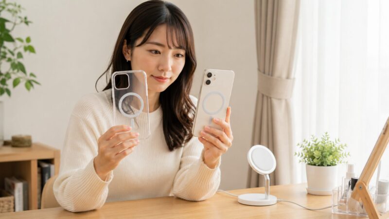 MagSafe対応ケースを選ぶためにスマホケースを比較している様子
