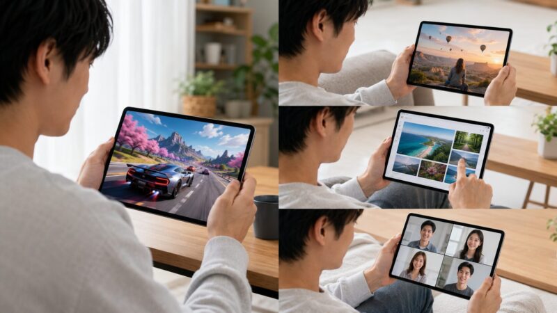 タブレットで3Dゲームと動画視聴やオンライン会議を行う日本人ユーザー