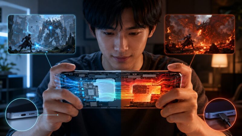 スマートフォンのゲーム性能に冷却設計や発熱が影響する様子