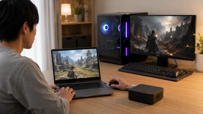 Intel N150搭載PCで軽いゲームを試す日本人男性
