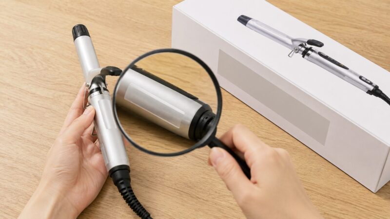 カールアイロンの型番や商品情報を購入前に照合する様子