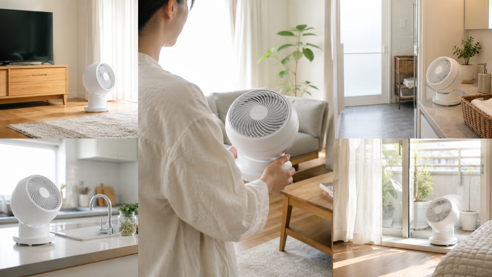 家のさまざまな場所でコードレスサーキュレーターを使用するイメージ