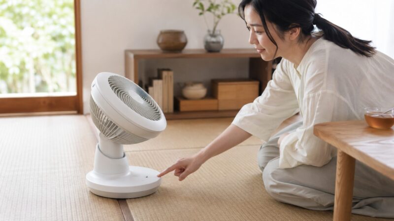 シンプルなボタンでコードレスサーキュレーターを操作する女性