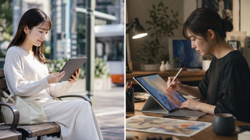 外出先で使うセルラーモデルと制作向け高性能モデルを比較する日本人女性