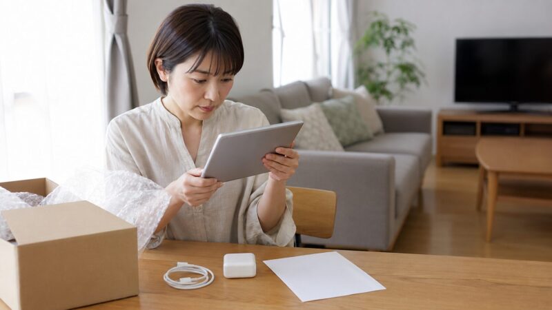 セールで購入したタブレットの商品状態や付属品を確認する日本人女性