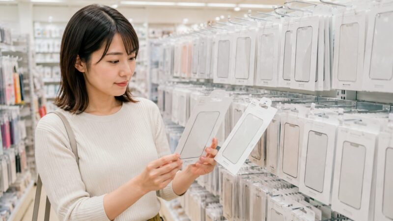 100円ショップでiPhone17対応フィルムを確認する日本人女性