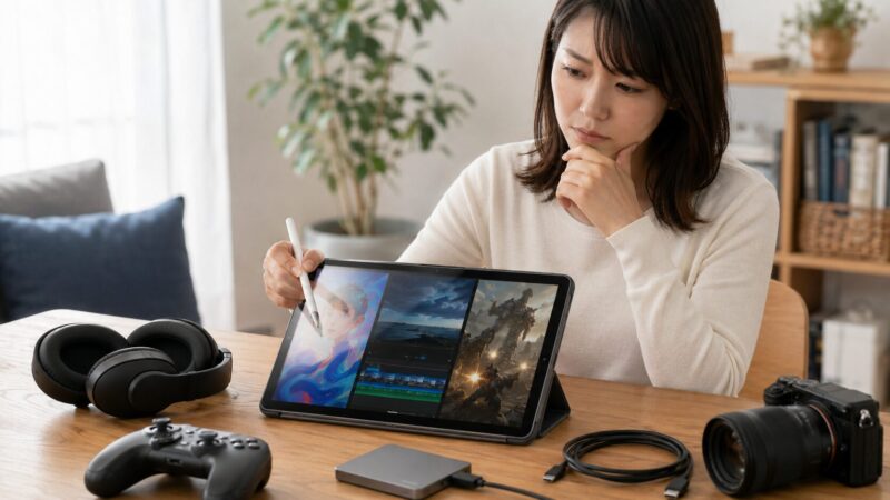 iPad A16の画面やペン入力や処理性能が用途に合うか確認する日本人女性
