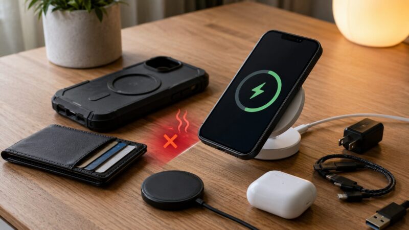 MagSafeの発熱やカード類への注意点を示すデスク上のスマホ周辺機器