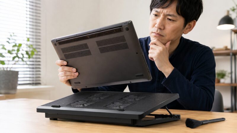 ノートPC冷却台が意味ないと言われる理由を確認する男性