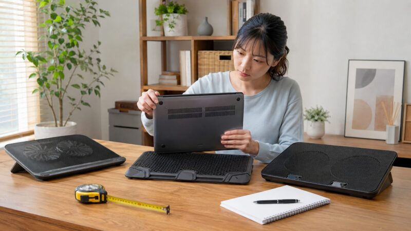 ノートPCに合う冷却台をサイズと通気性で選ぶ女性