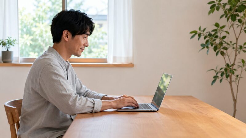 スタンドを使わなくても快適にノートパソコンを操作できるデスク環境