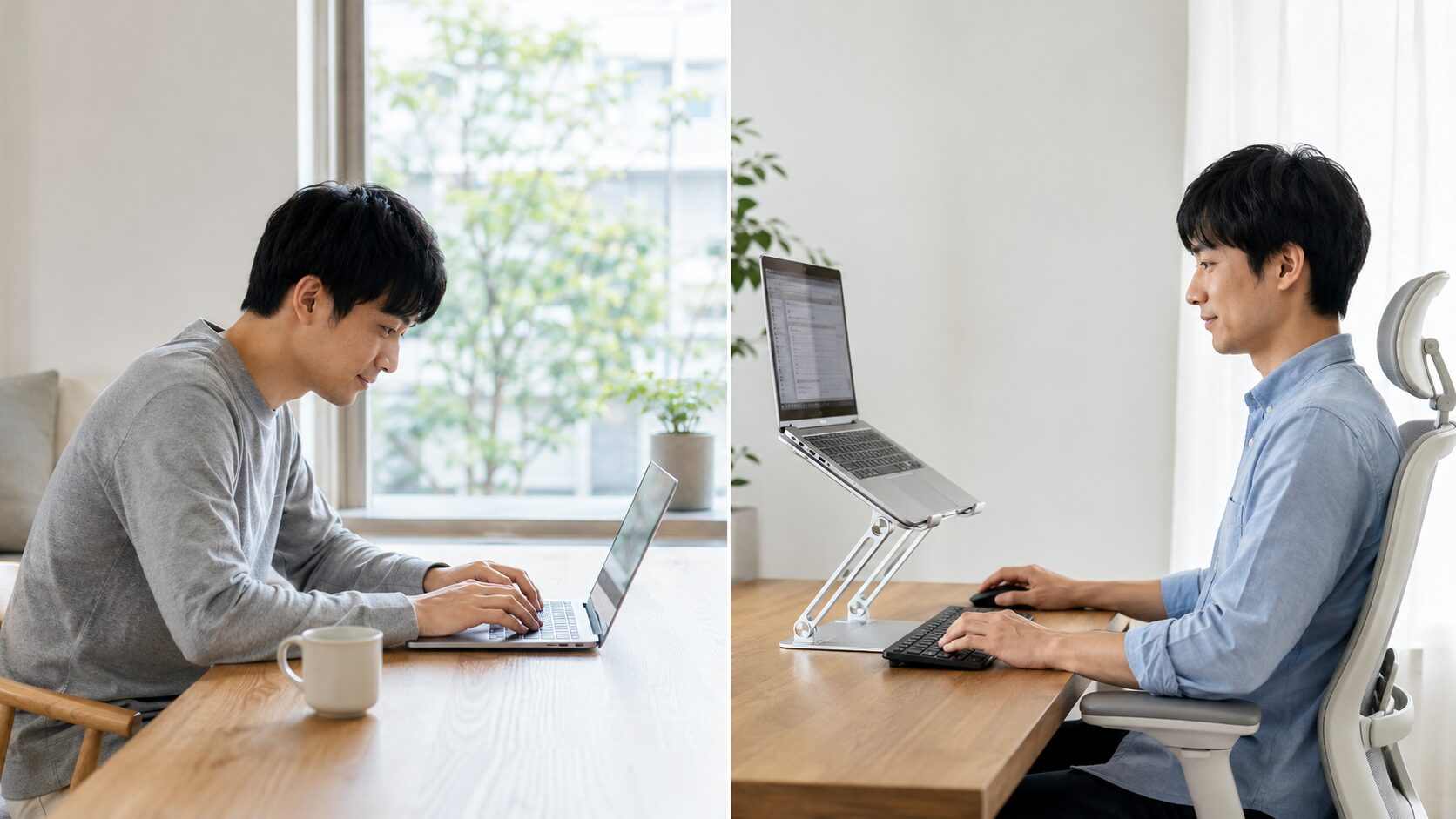 ノートパソコンを机に直接置く短時間利用とスタンドを使う長時間作業の比較