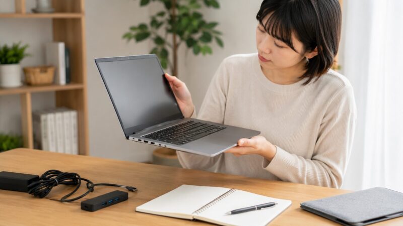 Intel N150搭載ノートパソコンの画面や端子を確認する日本人女性