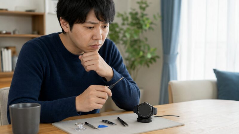 スマートウォッチのバッテリー交換を前に作業をためらう日本人男性
