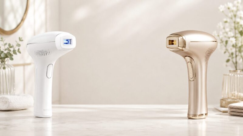 サロニア系の白い光美容器と高級感ある光美容器を比較するイメージ