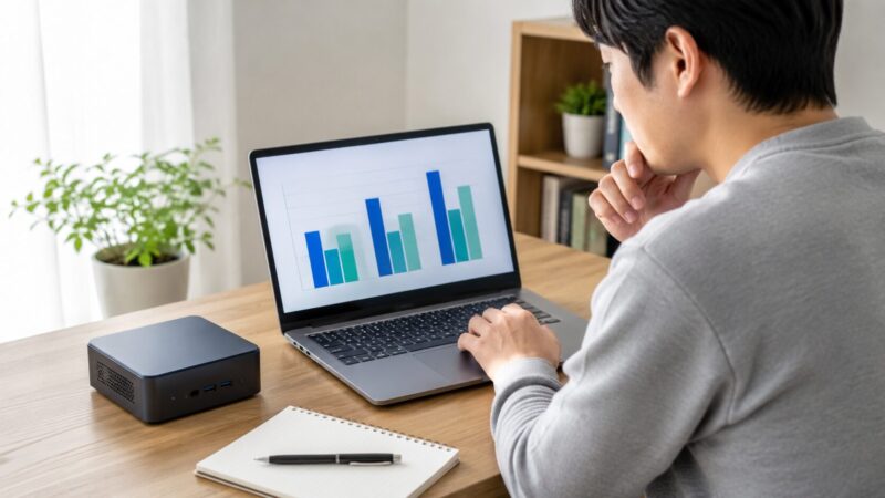 Intel N150搭載PCのベンチマーク目安を確認する日本人男性