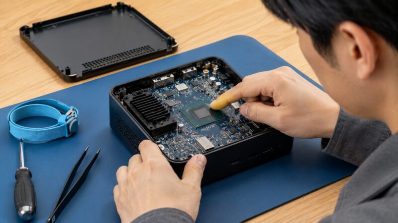 Intel N150搭載ミニPCの基板を確認しCPU交換の難しさを示す手元