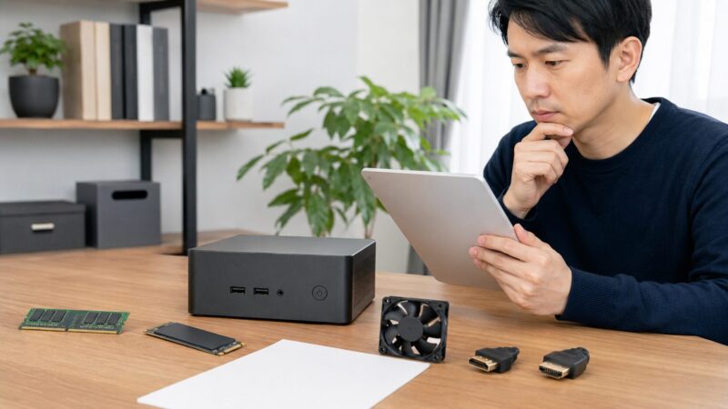ミニPC選びでメモリやSSDや冷却設計を確認する日本人男性