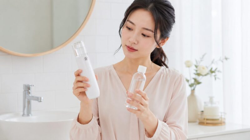 　日本人女性が白いミストデバイスと化粧水を見比べている様子