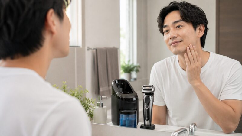 深剃り後の滑らかな肌に満足する日本人男性と自動洗浄器付きシェーバー