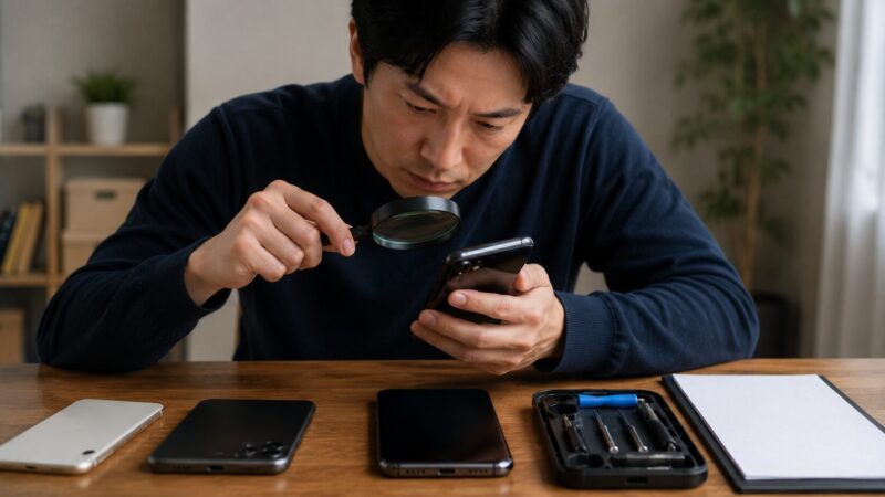 中古スマートフォンの画面や充電端子を購入前に確認する様子