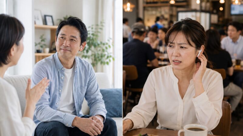AirPodsが補聴器代わりになる場面と向かない場面の比較イメージ