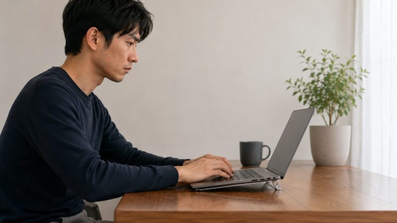 低角度の折りたたみスタンドで内蔵キーボードを使う様子