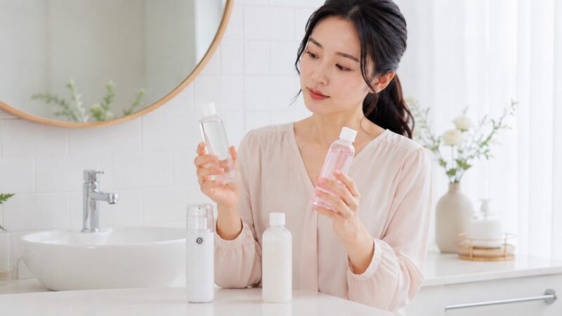 日本人女性がミストデバイスに入れる化粧水を選んでいる様子