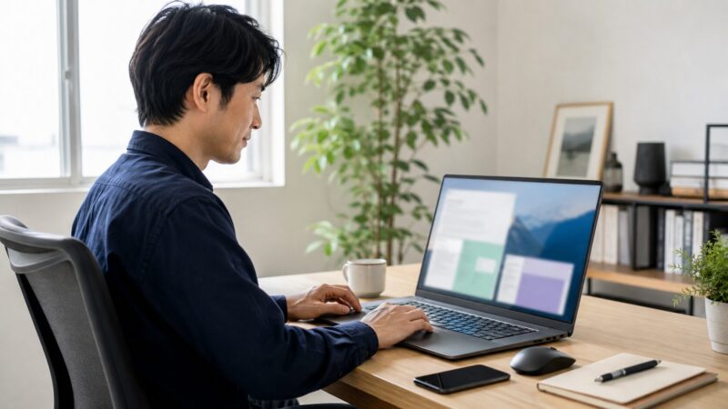 大画面のSnapdragon搭載ノートPCで作業する日本人男性