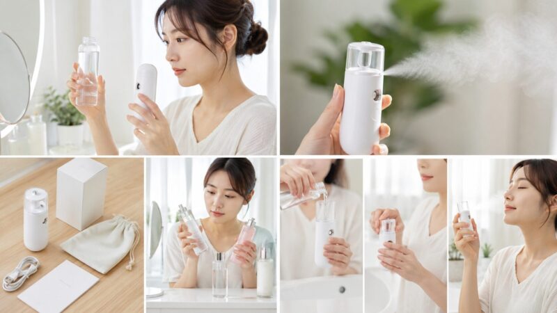 ミストデバイスに化粧水を入れて顔から離して使う基本手順のイメージ