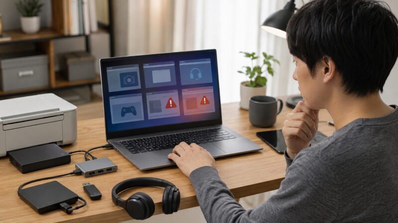 Snapdragon PCで使うソフトや周辺機器の対応状況を確認する様子