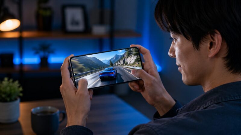 高性能スマートフォンでレーシングゲームを楽しむ日本人男性