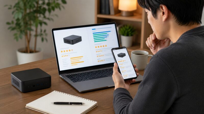Intel N150搭載PCの価格とレビューを確認して購入判断する日本人男性