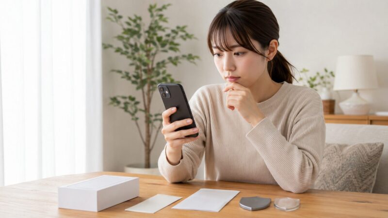 iPhoneの保証とAppleCareの加入状況を確認する女性