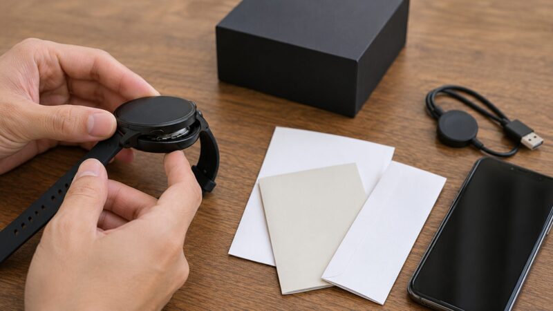 スマートウォッチの保証書と購入記録を用意して故障相談する場面