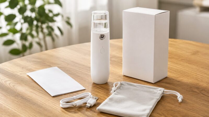 ミストデバイス本体と付属品をテーブルに並べて確認しているイメージ