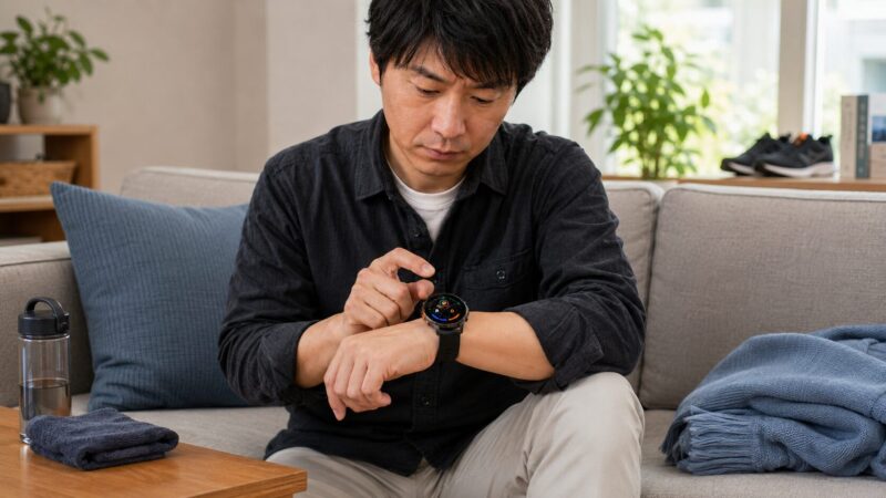 心拍数や睡眠などの健康管理機能を確認する日本人男性